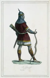 Krieger Kalmouk (mongolisches Volk von Südsibirien) - in "Die verschiedenen Völker der Erde" von Abbé P. Jouhanneaud, Librairie des Bons Livres, Limoges