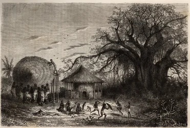 Frauen von den Ufern des Sambesi winken Hütten und im Vordergrund spielen Kinder. Gravur zur Illustration von Dr. Livingstones ersten Reisen nach Südafrika von 1840 bis 1856, in „Le tour du monde, nouveau journal des voyages“ veröffentlicht unter der Leitu