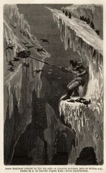 Junger Eskimo, der arktische Pinguine fängt. Illustration der Reise zum freien Meer des Arktischen Pols, von Dr. Hayes, Chirurg der US-Marine, 1860-1862, veröffentlicht in "Le tour du monde, nouveau journal des voyages"
