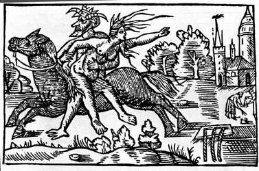 Der Teufel nimmt eine Hexe von einem Pferd und bringt sie in die Hölle. Holzschnitt aus dem 16. Jahrhundert
