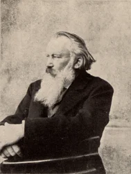 Johannes Brahms (1833-1897) deutscher Komponist. Signiertes Foto, aufgenommen in Wien am 6. Oktober 1895 (Halbton)