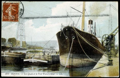 Postkarte vom Anfang des 20. Jahrhunderts. Normandie, Rouen: Die Docks und die Fährbrücke.