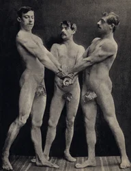 Der Schwur der Horatier, drei nackte Männer leisten den Schwur. Fotografie, späte 19. Jahrhundert, Paris. Sammlung Selva