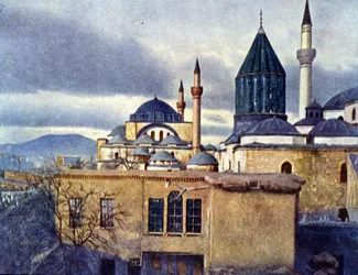 Ansicht des Mevlana-Mausoleums in Konya (Türkei). Mevlana Celaleddin Rumi ist der Gründer des Ordens der tanzenden Derwische.