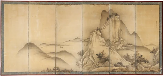 Landschaft mit Reisenden auf Bergpfaden