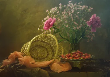 Rosa Pfingstrosen und Erdbeeren