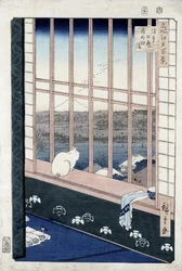Die Reisfelder von Asakusa während des Hahnenfestes aus der Serie „Meisho Edo Hyakkei“ (Hundert berühmte Ansichten von Edo), 1861