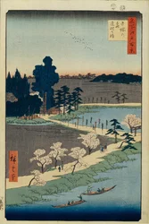 Azuma no mori Schrein und die verschlungenen Kampferbäume, Hundert berühmte Ansichten von Edo, 1856-1858