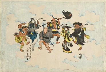 Figuren aus Ōtsu-e-Volksgemälden tanzen Bon-odori