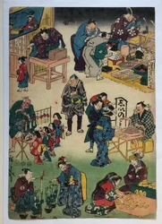 Figuren aus Theaterstücken als Händler und Kunden, aus der Serie „Das wohlhabende Jōruri-Viertel“