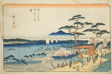 Kirschblüten in voller Blüte entlang des Sumida-Flusses, aus der Serie "Berühmte Orte in der östlichen Hauptstadt"