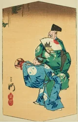 Komische Tänzer in der Provinz Mikawa, Abschnitt von Blatt Nr. 4 aus der Serie "Ausschnittbilder der Provinzen"