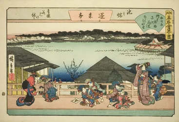 Kurtisanen betrachten Kirschblüten im Horaitei-Restaurant in Ikenohata (Ikenohata seiro hanami no yasumi, Horaitei), aus der Serie "Berühmte Restaurants von Edo (Edo komei kaitei zukushi)"