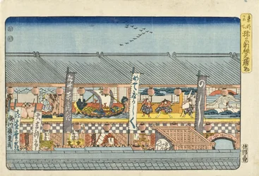 Dekorationen für die Kabuki-Aufführungen zur Saisoneröffnung in Saruwakamachi