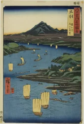 Provinz Dewa: Mogami-Fluss und Fernblick auf den Berg Gassan, aus der Serie "Berühmte Orte in den sechzig Provinzen"