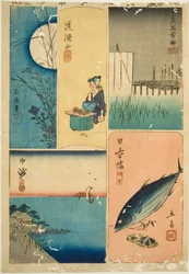Eitai-Brücke, Nihon-Brücke, Susaki, Blumengarten und Dokan-Hügel (Eitaibashi, Nihonbashi, Susaki, Hanayashiki, Dokanyama), aus der Serie "Ausschnitte berühmter Orte in Edo (Harimaze Koto meisho)"