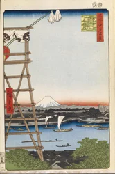 Ekoin-Tempel in Ryogoku und Moto-Yanagi-Brücke, Hundert berühmte Ansichten von Edo, 1856-1858