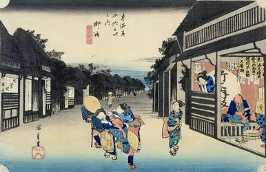 Goyu: Kellnerinnen werben um Reisende, aus der Serie „53 Stationen des Tōkaidō“, veröffentlicht 1833-34