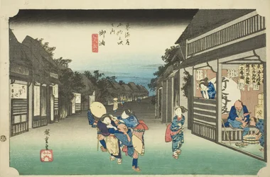 Goyu: Frauen stoppen Reisende, aus der Serie "Dreiundfünfzig Stationen des Tokaido"
