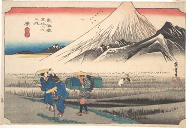 Hara: Der Fuji am Morgen (Hara, Asa no Fuji), aus der Serie Die 53 Stationen der Tōkaidō-Straße (Tōkaidō gojūsan tsugi), auch bekannt als der Erste Tōkaidō oder Große Tōkaidō