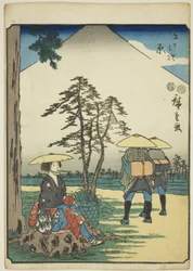 Hara, aus der Serie "Dreiundfünfzig Stationen [des Tokaido] (Gojusan tsugi)," auch bekannt als der Figuren-Tokaido (Jinbutsu Tokaido)