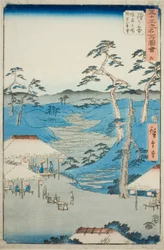 Hodogaya: Fernblick auf die Kamakura-Berge vom Rastplatz nahe dem Grenzbaum (Hodogaya, Kyoboku tateba Kamakura yama enbo), Nr. 5 aus der Serie "Berühmte Ansichten der 53 Stationen (Gojusan tsugi meisho zue)"