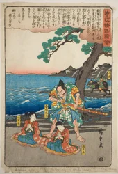 Ichimanmaru (Soga no Juro) und Hakoomaru (Soga no Goro) kurz vor der Hinrichtung in Yuigahama, aus der Serie „Illustrierte Geschichte der Soga-Brüder (Soga monogatari zue)“