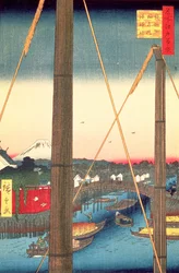 Inari-Brücke und Minato-Schrein, Teppozu, Platte 77 aus der Serie Einhundert berühmte Ansichten von Edo, Edo-Periode, Ansei-Ära, 1857