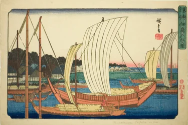 Eintreffende Boote auf der Insel Tsukuda (Tsukudajima irifune no zu), aus der Serie "Berühmte Orte in der östlichen Hauptstadt (Toto meisho)"
