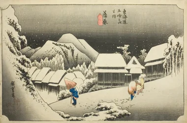 Kanbara: Abendschnee (Kanbara, yoru no yuki), aus der Serie "Dreiundfünfzig Stationen des Tokaido (Tokaido gojusan tsugi no uchi)," auch bekannt als der Hoeido Tokaido