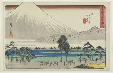 Kashiwahara Rastplatz am Teich mit Blick auf den Berg Fuji, Hara, 1841-1842
