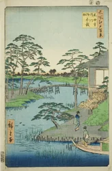 Mokubo-Tempel, Uchigawa-Bucht und Gozensaihata, aus der Serie "Hundert berühmte Ansichten von Edo"