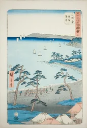 Odawara: Fischerhäuser am Strand (Odawara, kaigan gyosha), Nr. 10 aus der Serie "Berühmte Ansichten der dreiundfünfzig Stationen (Gojusan tsugi meisho zue)", auch bekannt als der Vertikale Tokaido