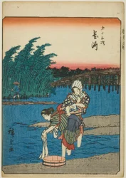 Okazaki, aus der Serie "Dreiundfünfzig Stationen [des Tokaido] (Gojusan tsugi)," auch bekannt als der Figuren-Tokaido (Jinbutsu Tokaido)