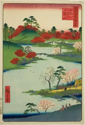 Eröffnung des Gartens am Fukagawa Hachiman-Schrein, aus der Serie "Hundert berühmte Ansichten von Edo"