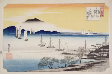 Heimkehrende Segel bei Yabase, aus der Serie „8 Ansichten von Omi“, um 1834
