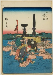 Shimada, aus der Serie "Dreiundfünfzig Stationen [des Tokaido] (Gojusan tsugi)," auch bekannt als die Figuren-Tokaido (Jinbutsu Tokaido)