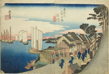 Shinagawa: Sonnenaufgang (Shinagawa, hinode), aus der Serie "Dreiundfünfzig Stationen der Tokaido-Straße (Tokaido gojusan tsugi no uchi)", auch bekannt als Hoeido Tokaido