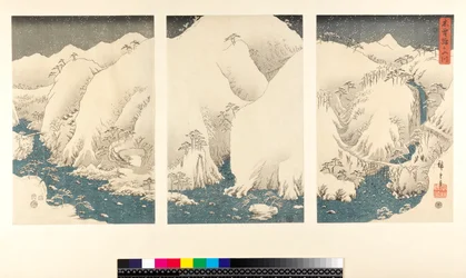 Schneesturm in den Bergen und an den Flüssen von Kiso (Sanmaitsuzuki - Triptychon, Yoko-e - Querformat)
