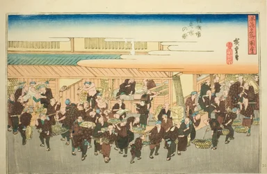 Der Fischmarkt in Zakoba (Zakoba uoichi no zu), aus der Serie "Berühmte Ansichten von Osaka (Naniwa meisho zue)"