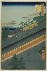 Die Halle der Dreiunddreißig Buchten in Fukagawa (Fukagawa Sanjusangendo), aus der Serie "Hundert berühmte Ansichten von Edo (Meisho Edo hyakkei)"