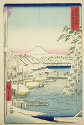 Das Flussufer bei Sukiya in der östlichen Hauptstadt (Toto Sukiyagashi), aus der Serie "Sechsunddreißig Ansichten des Berges Fuji (Fuji sanjurokkei)"