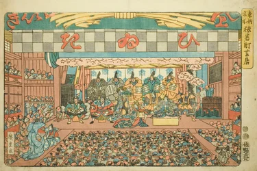 Theater in Saruwakamachi (Saruwakamachi shibai), aus der Serie "Berühmte Orte in der östlichen Hauptstadt (Toto meisho)"