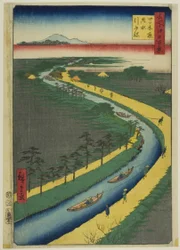 Schleppboote entlang des Yotsugidori-Kanals (Yotsugidori yosui hikifune), aus der Serie "Hundert berühmte Ansichten von Edo (Meisho Edo hyakkei)"