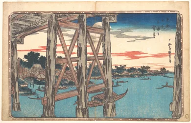 Mond in der Abenddämmerung an der Ryōgoku-Brücke