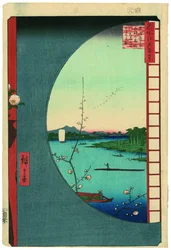 Blick von Massaki auf den Suijin-Schrein, die Uchigawa-Bucht und Sekiya