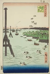Blick auf die Shiba-Küste (Shibaura no kei), mit sehr hellem und dunklem blauen Wasser, Nr. 108 aus der Serie Einhundert berühmte Ansichten von Edo (Meisho Edo hyakkei)