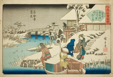 Schneebetrachtung im Uekiya-Restaurant am Mokubo-Tempel (Mokuboji yukimi, Uekiya) aus der Serie "Berühmte Restaurants von Edo (Edo komei kaitei zukushi)"