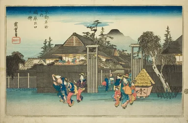 Weidenbaum am Tor des Shimabara-Vergnügungsviertels (Shimabara deguchi no yanagi), aus der Serie "Berühmte Orte in Kyoto (Kyoto meisho no uchi)"