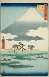 Yoshiwara: Fuji-Sumpf und Ukishima-Ebene (Yoshiwara, Fuji no numa ukishima ga hara), Nr. 15 aus der Serie "Berühmte Ansichten der dreiundfünfzig Stationen (Gojusan tsugi meisho zue)", auch bekannt als der Vertikale Tokaido
